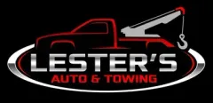 Lester’s Auto & Towing logo with red tow truck and hook on black background