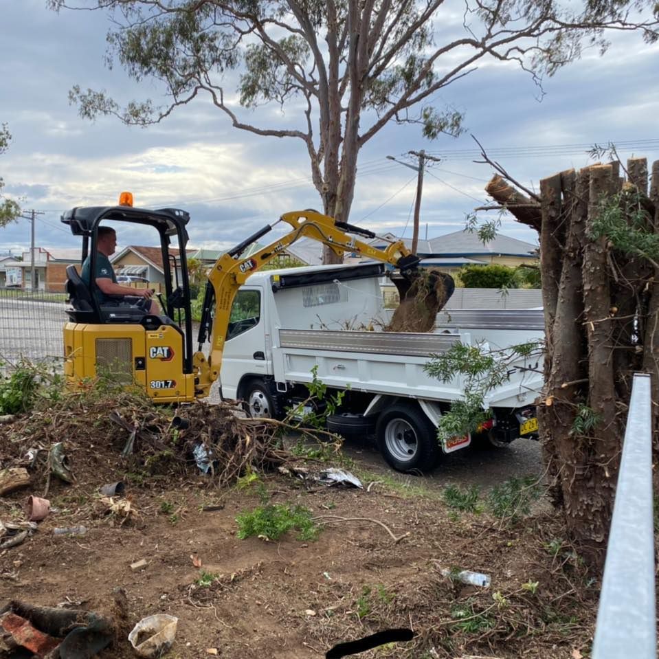 Yellow Excavator Loading Tree Debris Into a White Truck Outdoors — Ovannah Hire In West Kempsey, NSW