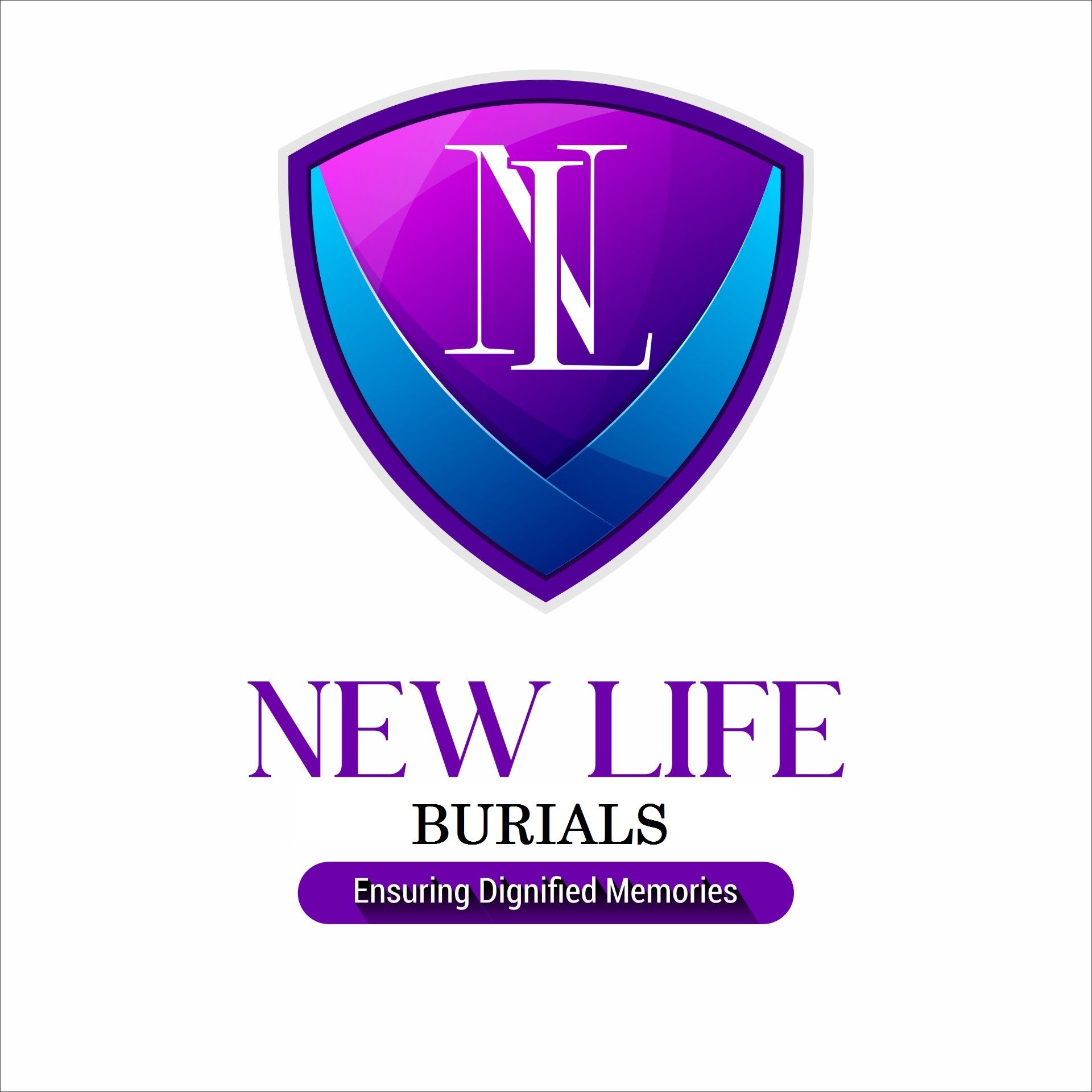 Logo for New Life Burials: purple shield with “NL” initials, blue trim, text