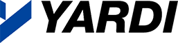 The word yardi is on a white background with a blue arrow.