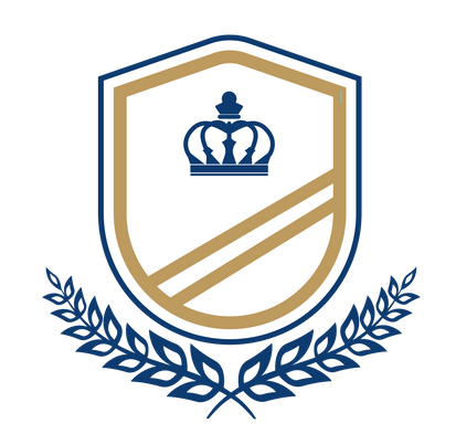 A shield with a crown and laurel wreath on it.