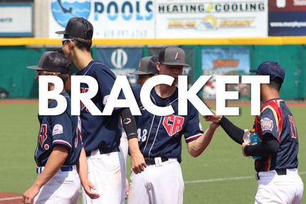 Baseball players in navy uniforms celebrate on the field with “BRACKET” overlaid.