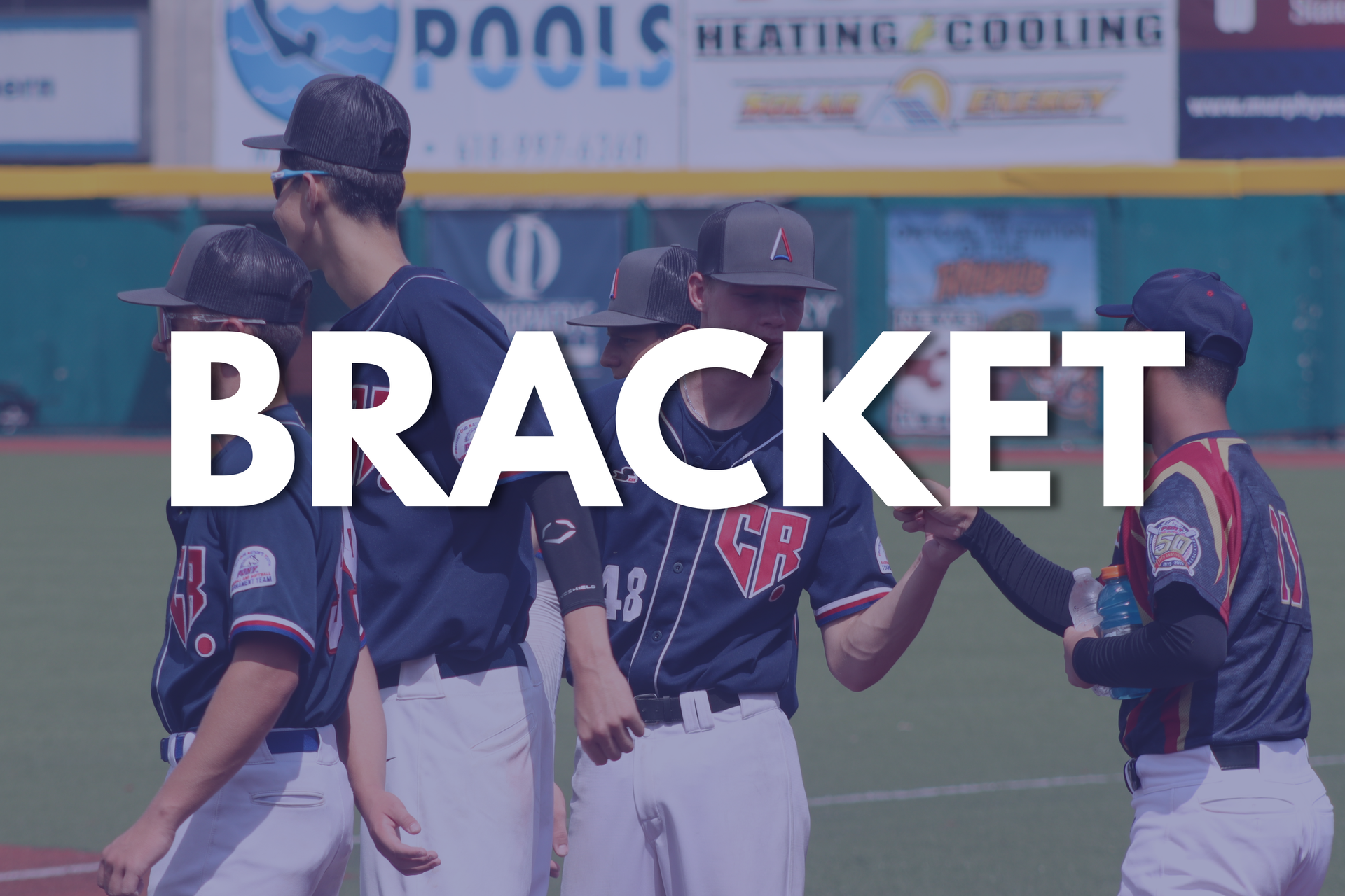 Baseball players in navy uniforms huddle on the field with large “BRACKET” text overlaid.