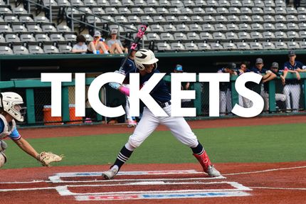 Baseball player at bat in a stadium with the word “TICKETS” overlaid in large white text