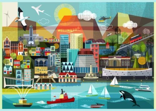 A colorful illustration of a city with buildings , boats , and a whale.