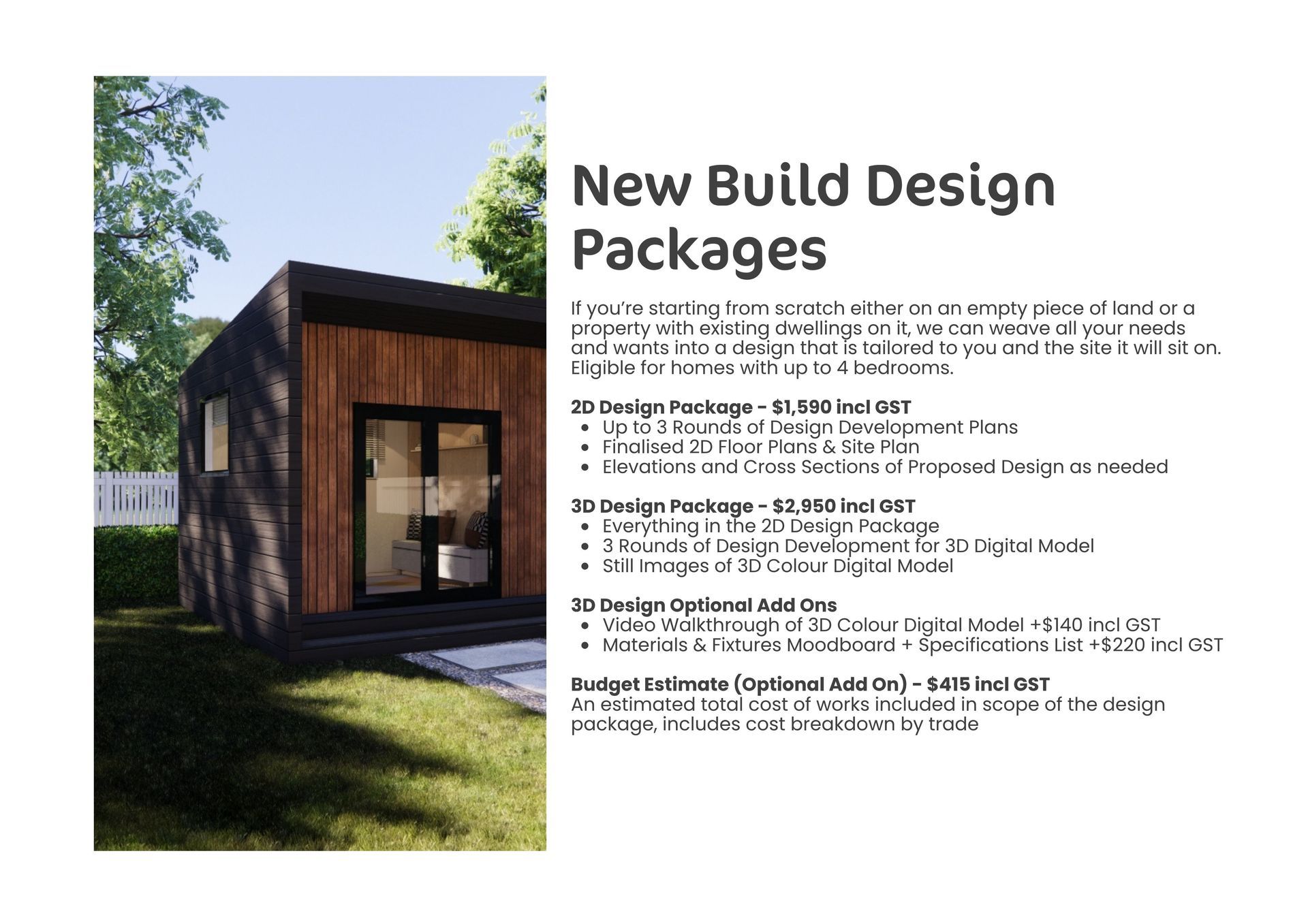 New build design packages flyer with modern dark wood house rendering and pricing details