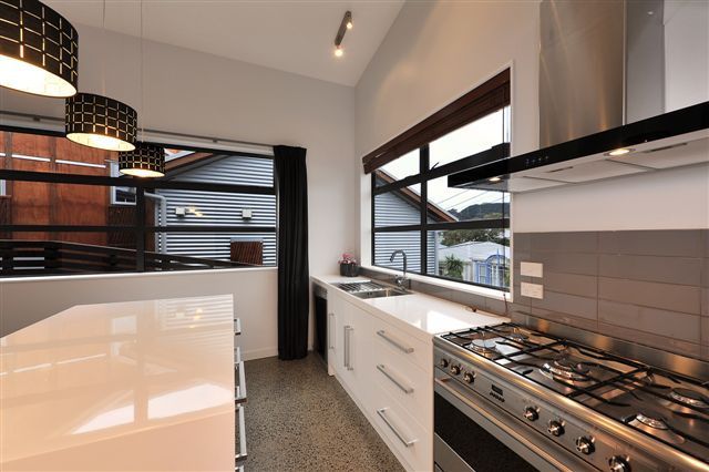 modern kitchen with large windows