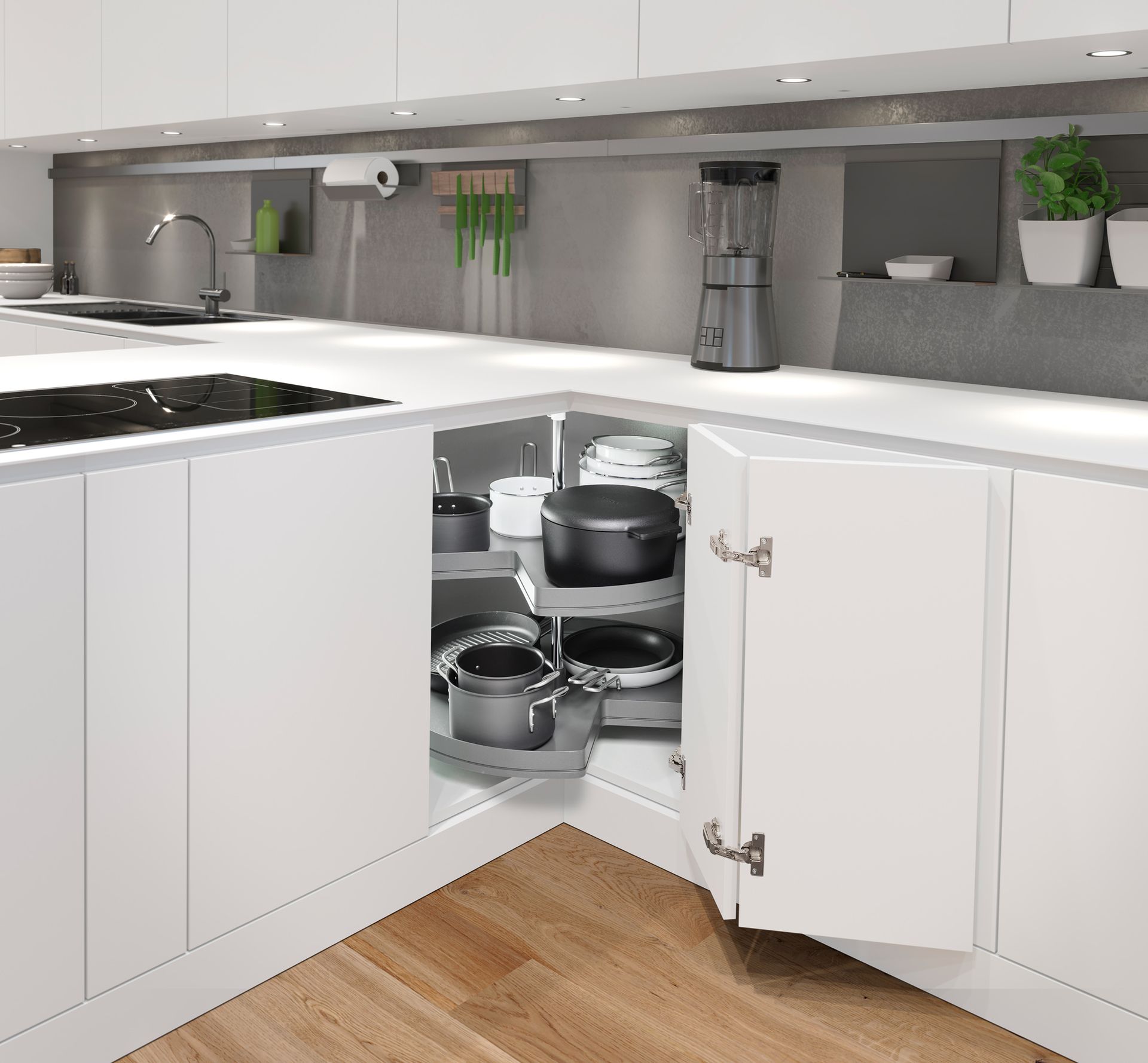 A kitchen with white cabinets and a blender on the counter
