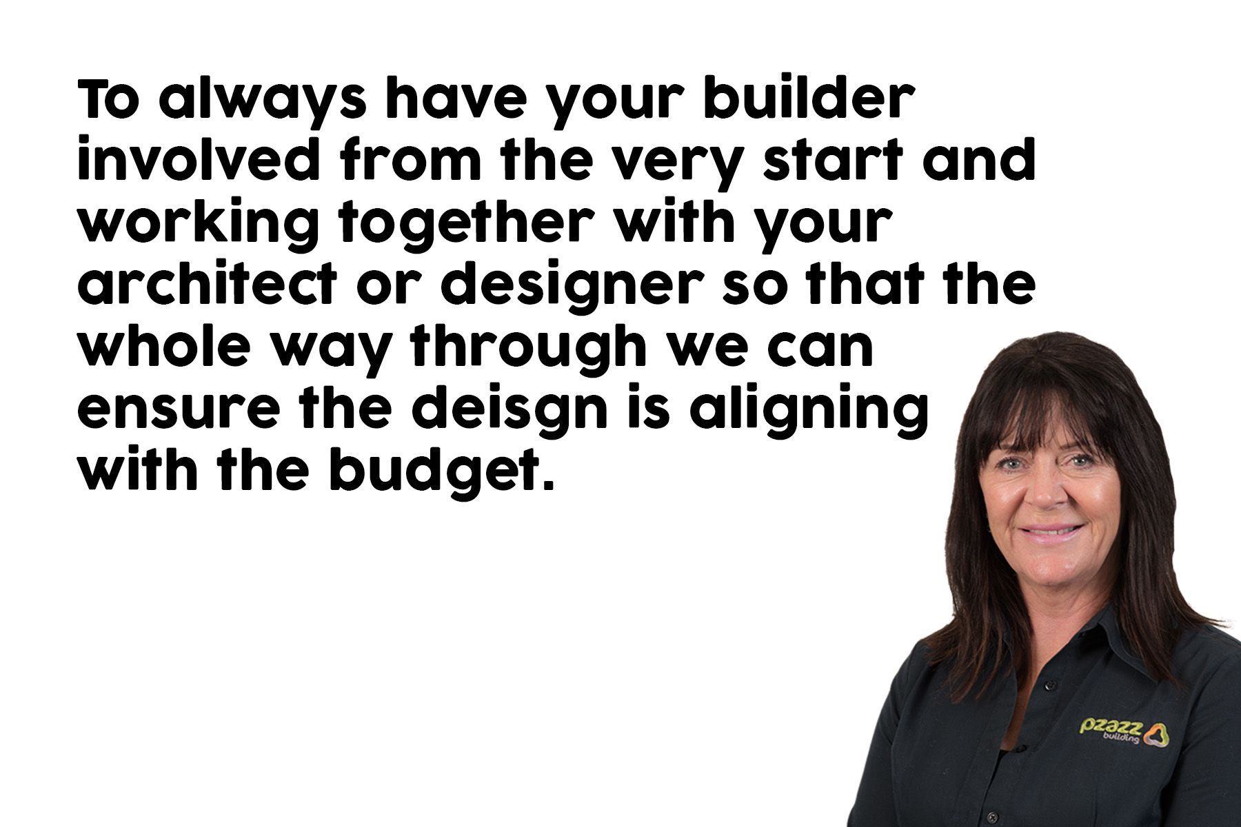 A woman is standing in front of a white background with a quote.