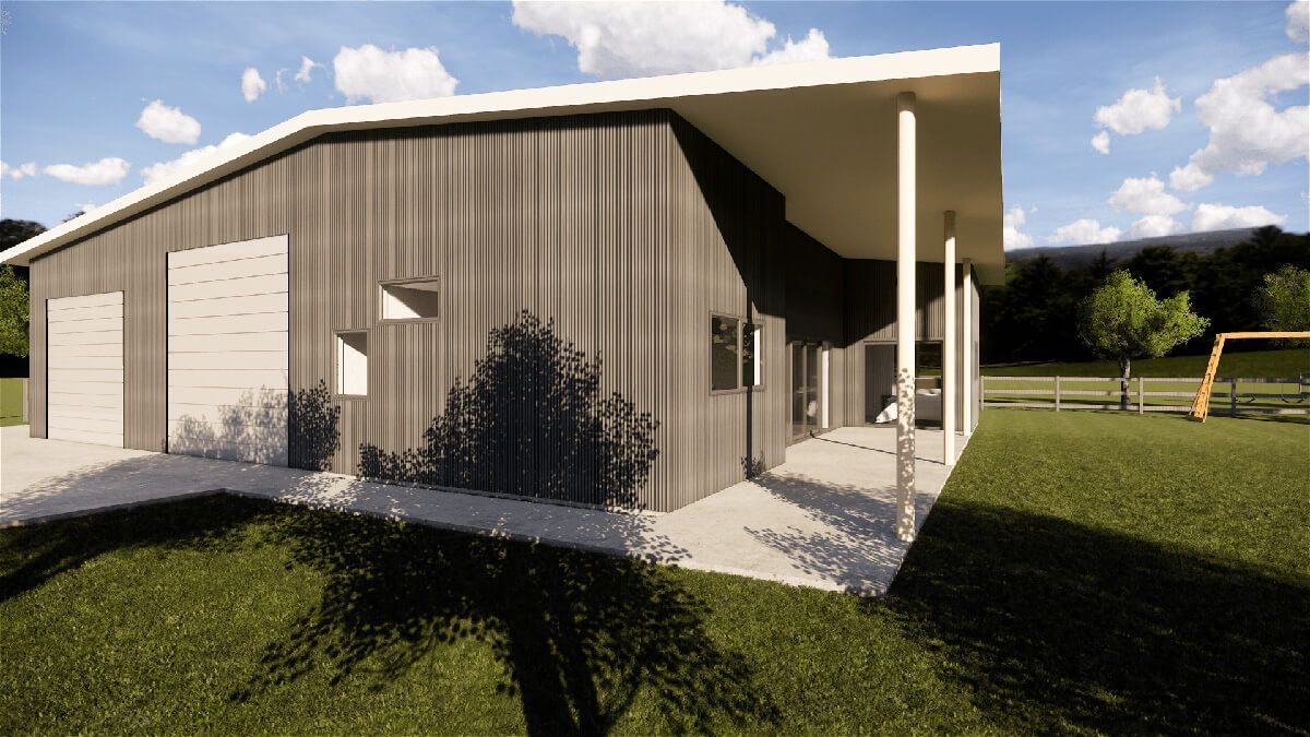 An artist 's impression of a house with a porch and a playground in the background.