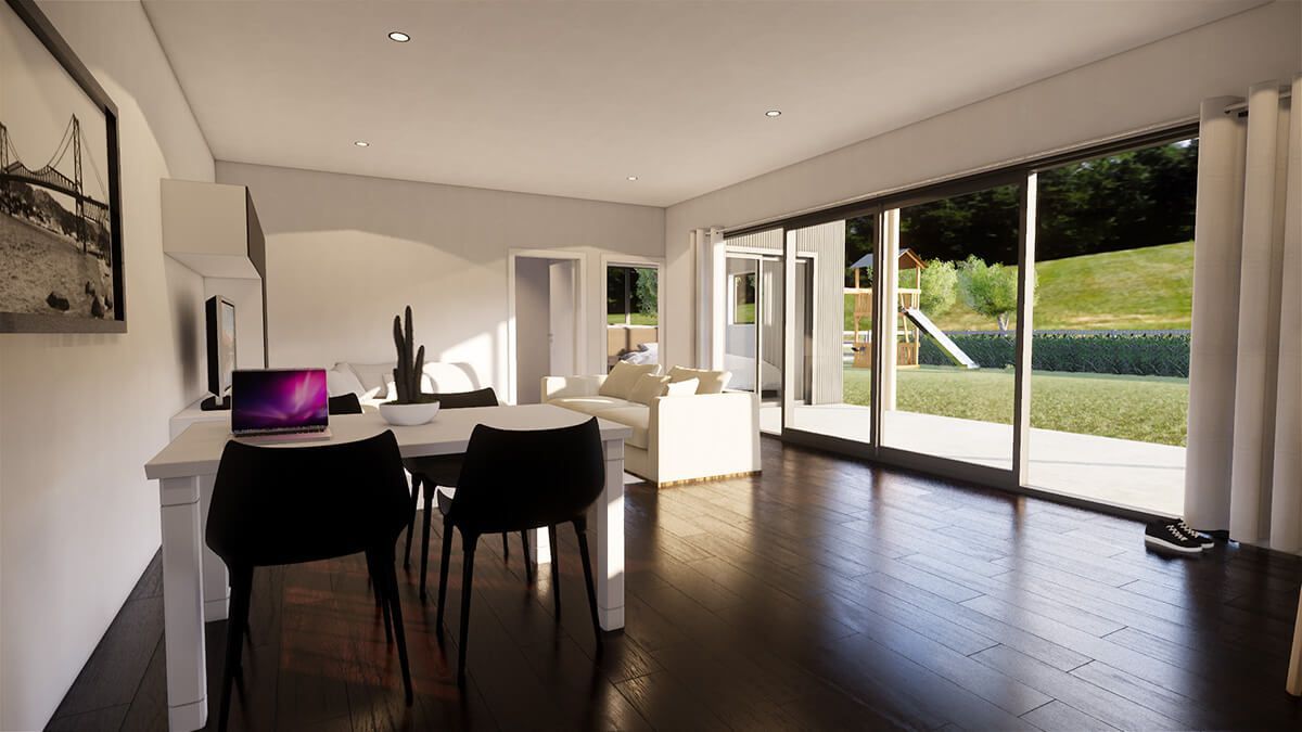 3D design of a living room with a table and chairs and a laptop on the table.
