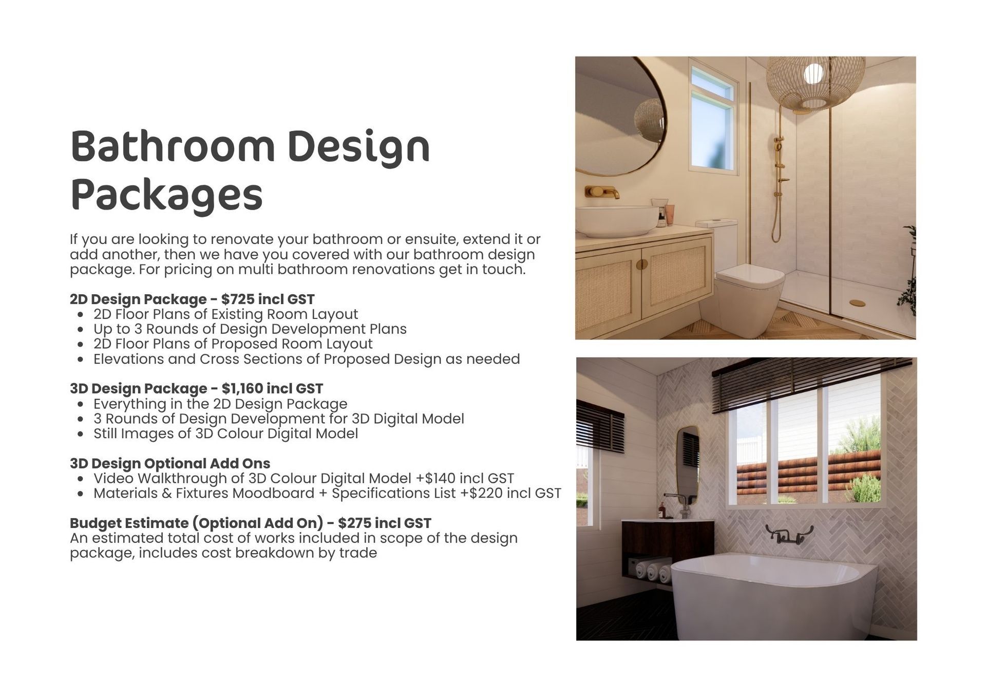 Bathroom design packages brochure with two beige, modern bathroom photos and package details text