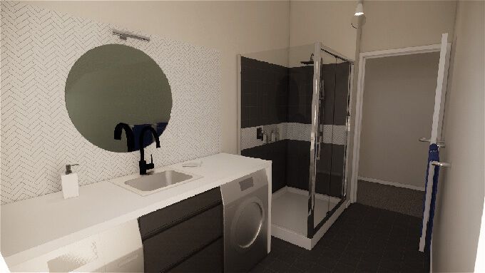 3D design of a bathroom with a sink , washing machine , shower and mirror.
