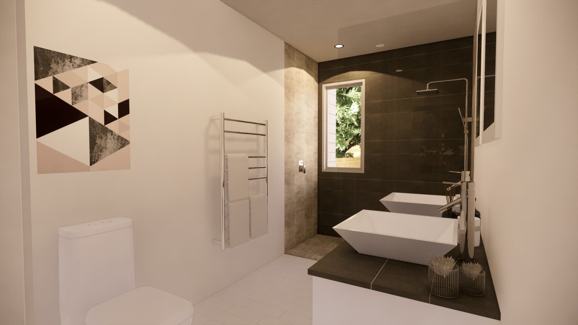 3D design of a bathroom with two sinks , a toilet , and a window.