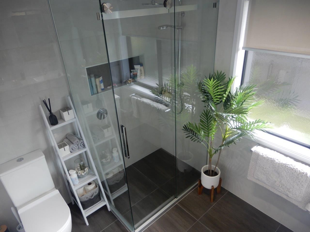 A bathroom with a walk in shower , toilet , plant and window.