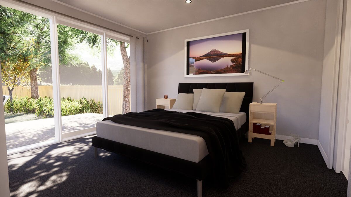 3D design of a bedroom with a large bed and a picture on the wall.