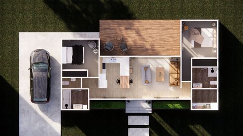 Top-down view of a modern house floor plan beside a parked car and driveway.