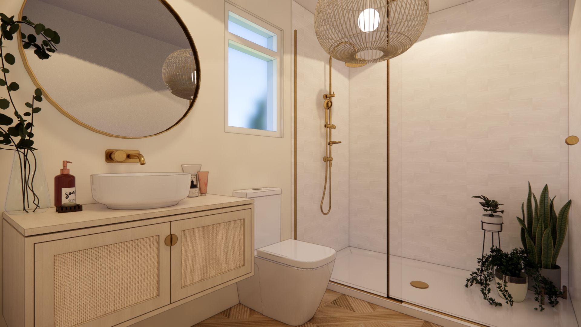 A bathroom with a sink , toilet , mirror and walk in shower.