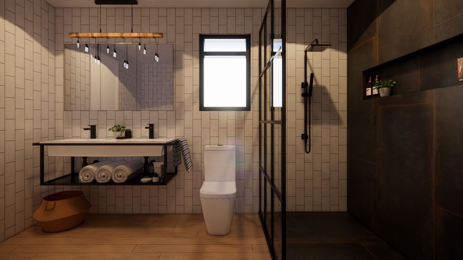 A bathroom with two sinks , a toilet , and a walk in shower.