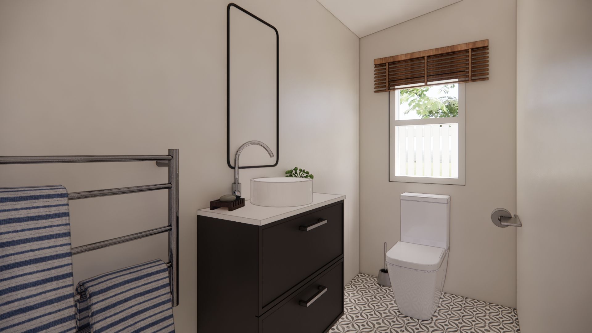 A small, modern bathroom with a dark vanity, vessel sink, chrome towel rack, toilet, and window with wooden blinds. 3D Model.