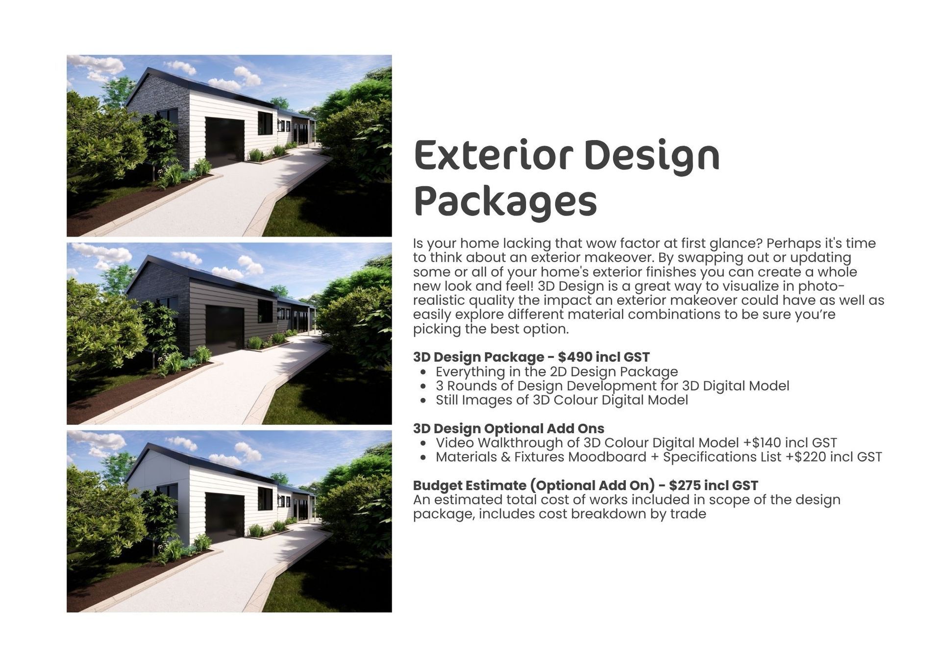 Exterior design package flyer with three modern house photos and text on white background