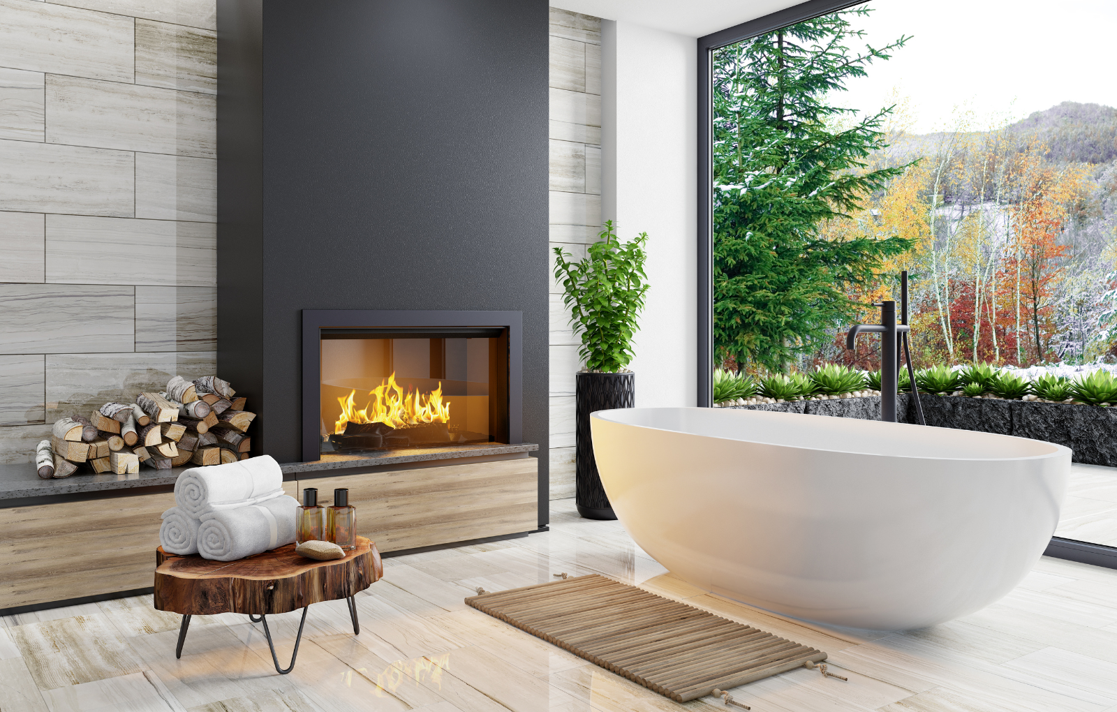 A bathroom with a fireplace and a bathtub.