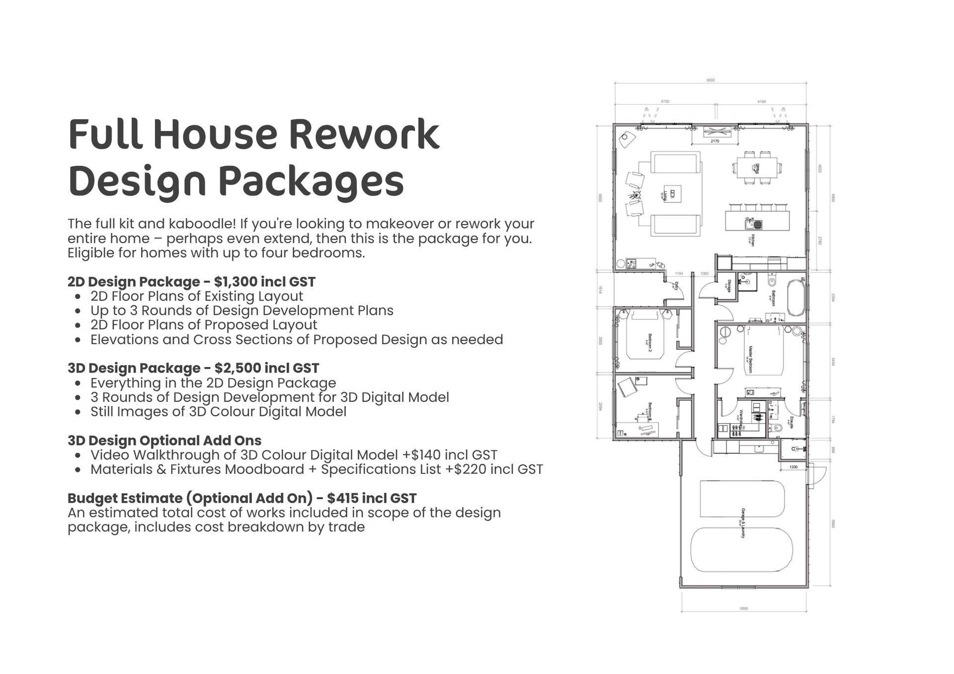 Flyer titled “Full House Rework Design Packages” with floor plan sketches and pricing details.