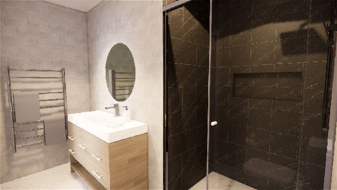 A bathroom with a sink , mirror , and walk in shower.