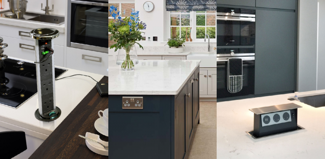 A collage of three pictures of a kitchen with a large island in the middle.