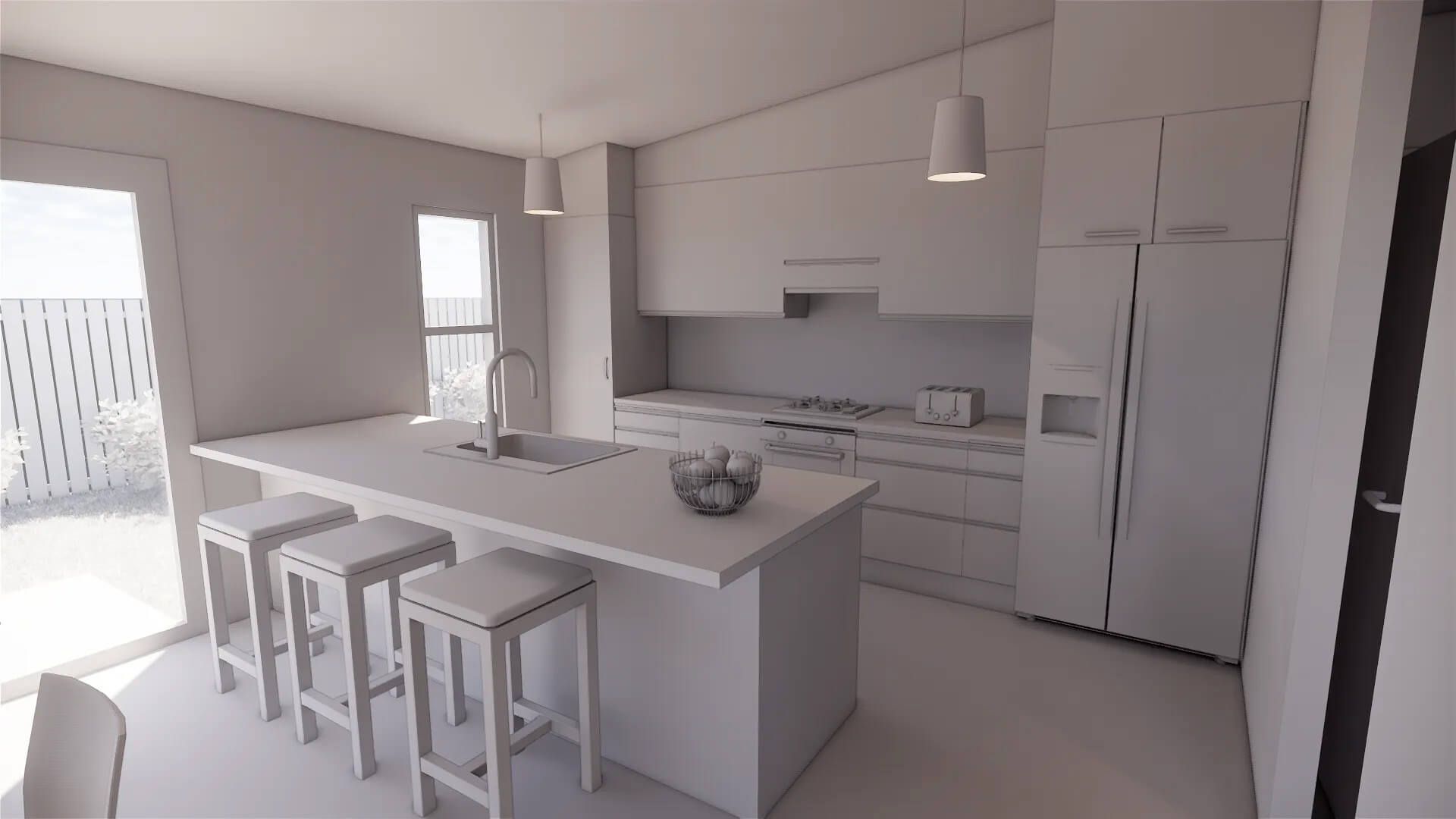 A 3d model of a kitchen with white cabinets and stools.