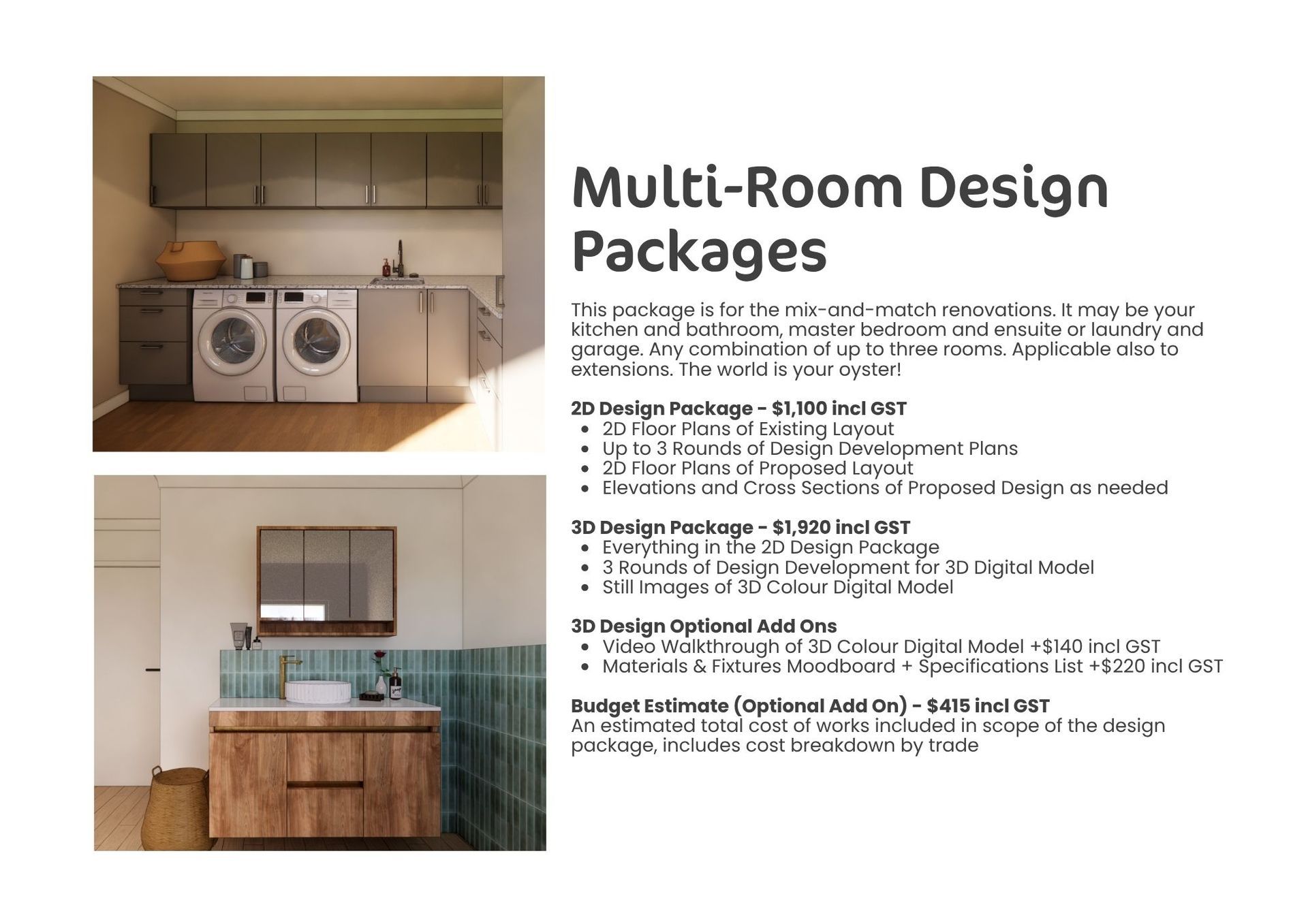 Multi-room kitchen design packages flyer with two interior photos and pricing text