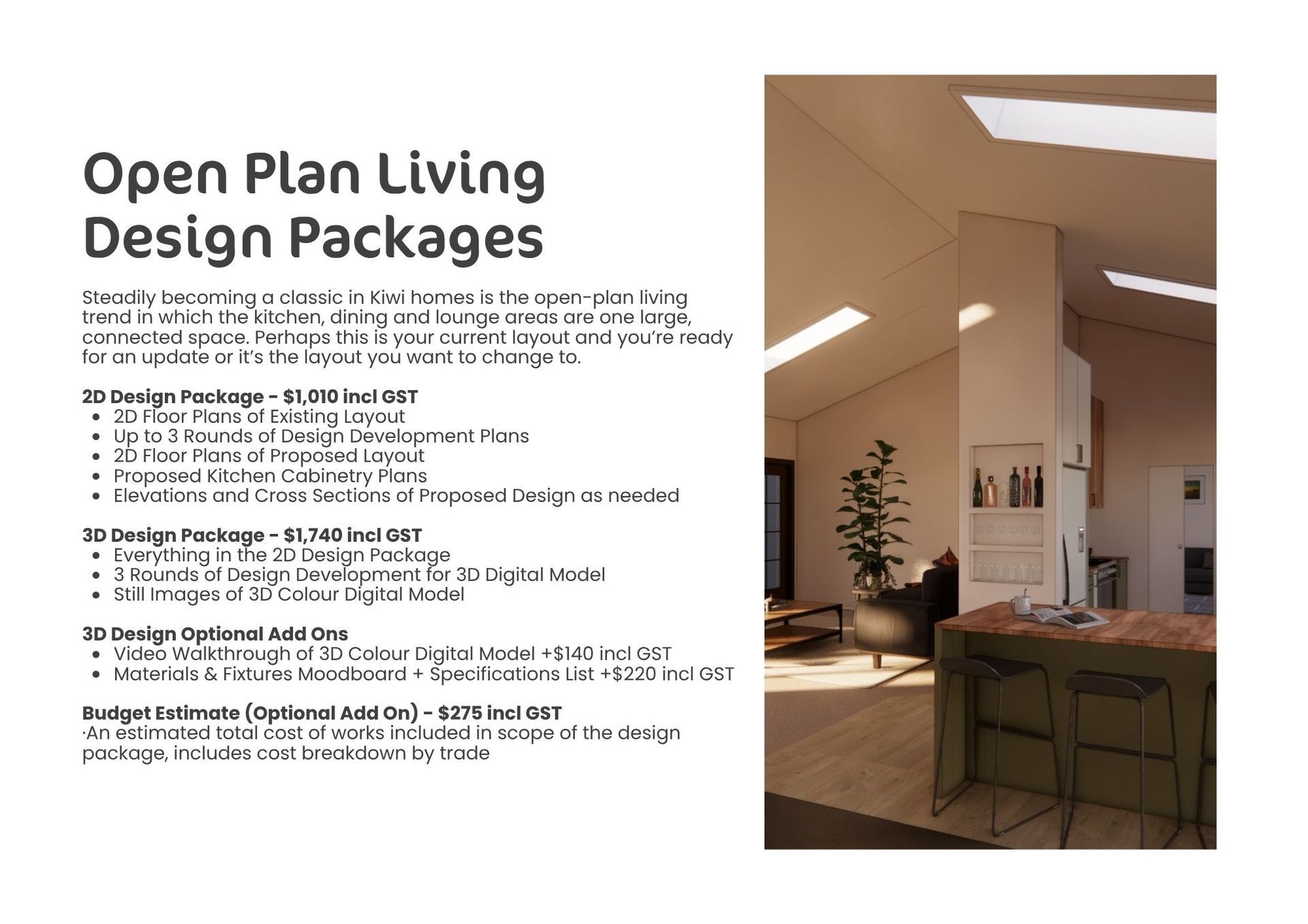 Open plan living design packages brochure with text and a bright modern kitchen interior photo