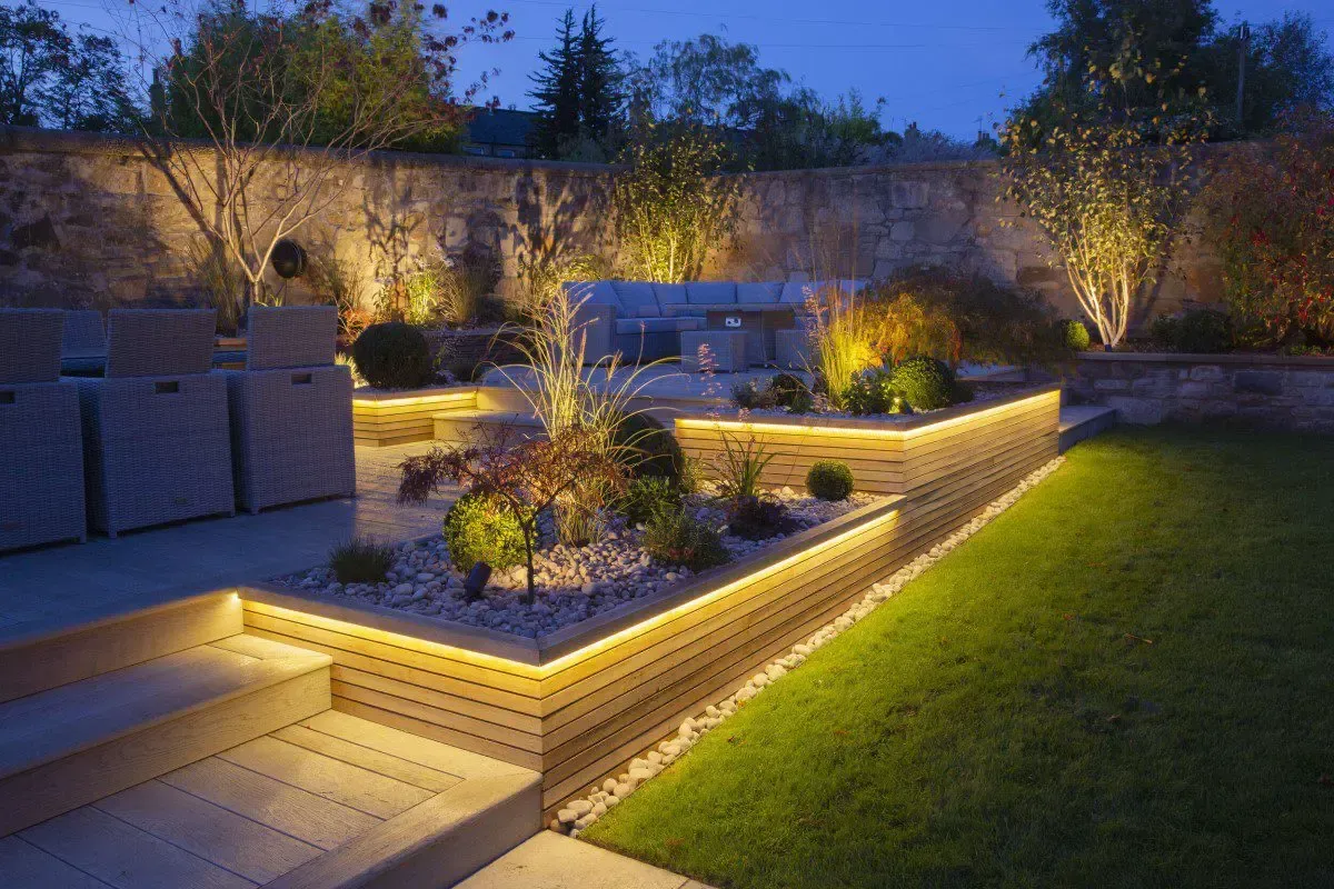 A garden with a lot of lights on it at night.