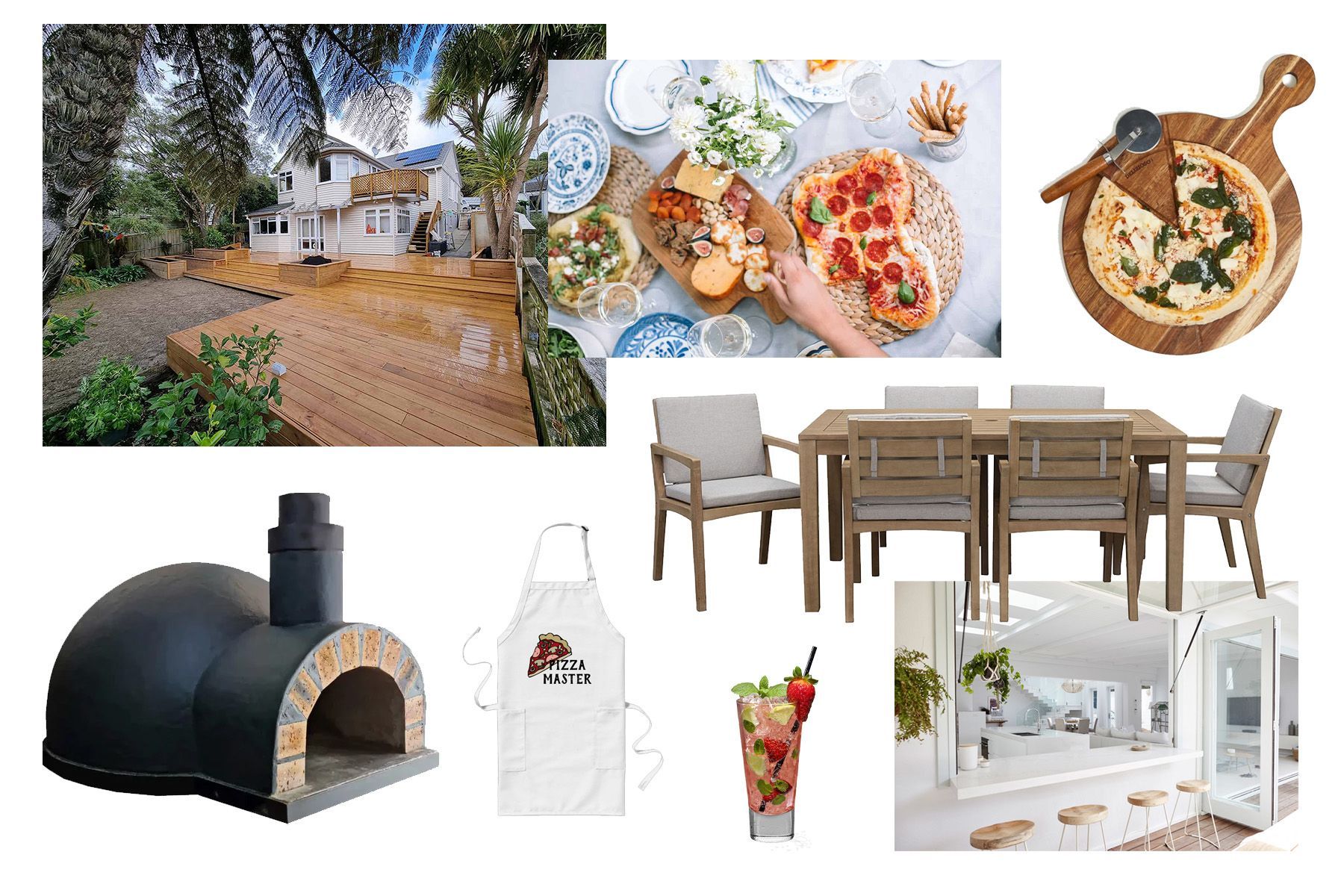 A collage of pictures of a house , a pizza oven , a dining table , chairs and a kitchen.
