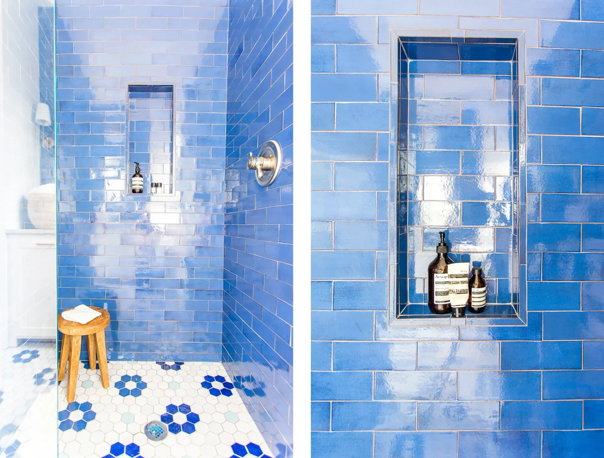 Two pictures of a bathroom with blue tiles and a stool.
