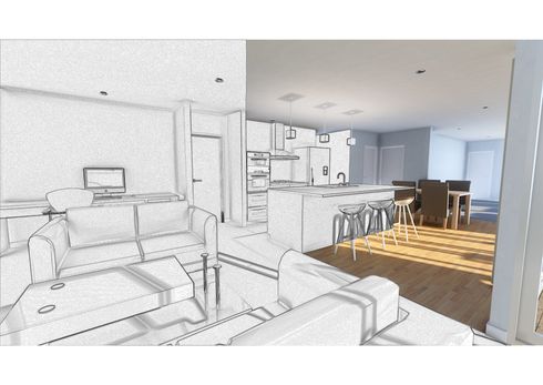 Sketch-style open-plan living room and kitchen with white furniture, wood floor, and dining table.