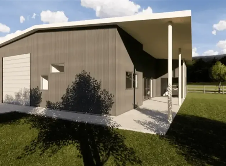 An artist 's impression of a house with a garage and a porch.