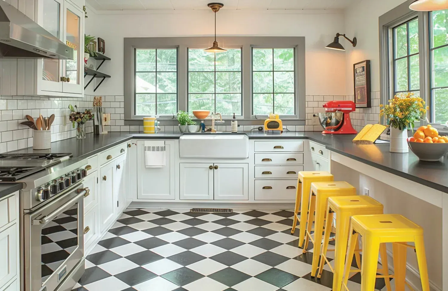 A kitchen with a black and white checkered floor and yellow stools.
