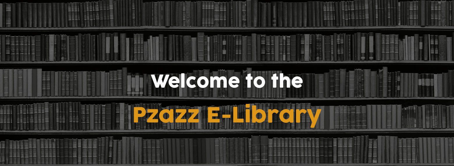 A bookshelf with the words welcome to the pzazz e-library on it