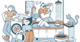 A cartoon illustration of a man taking a shower in a bathtub.
