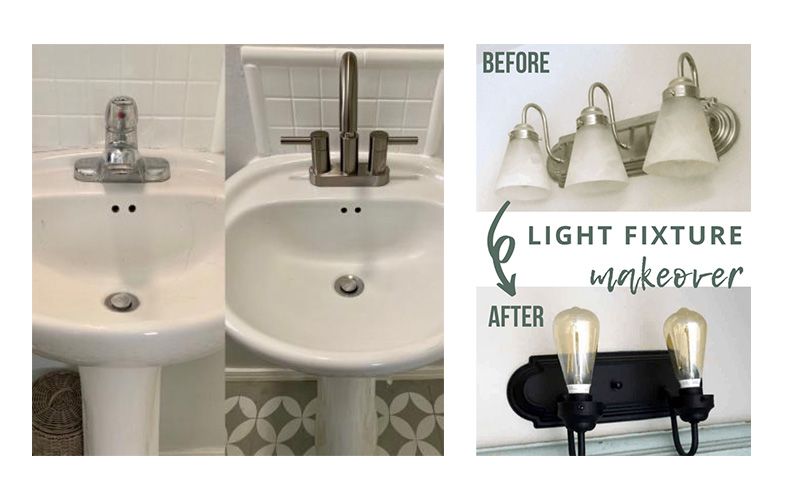 A bathroom sink before and after a light fixture makeover
