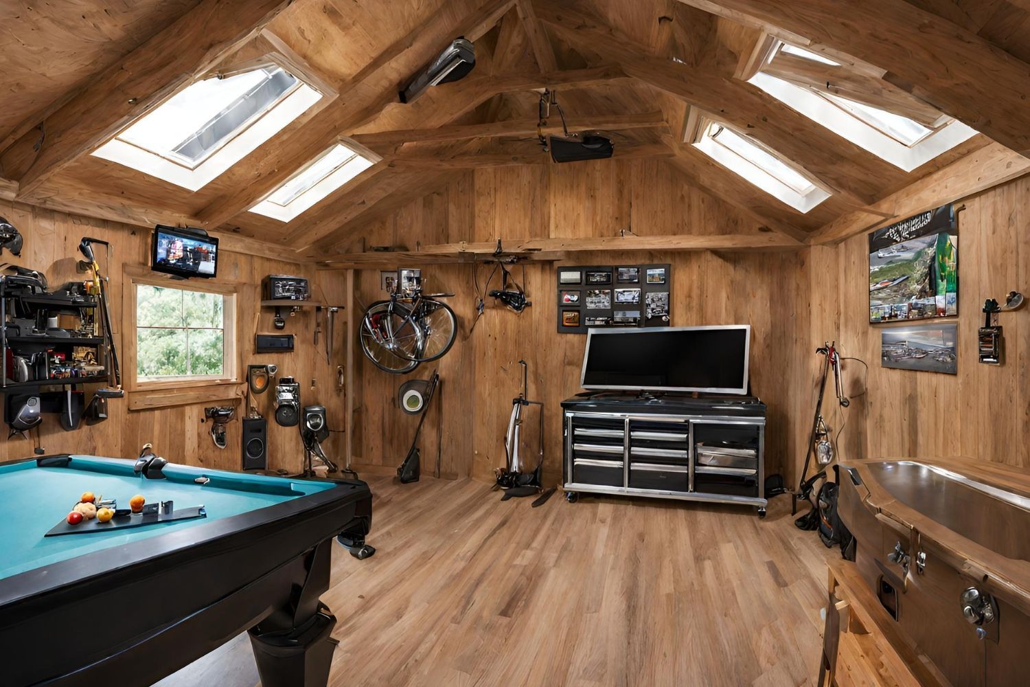 Mancave with a pool table in the middle of the room.