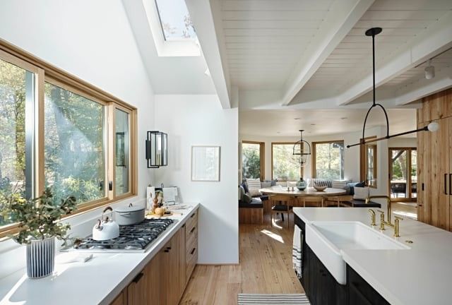 A kitchen with a lot of windows and a sink