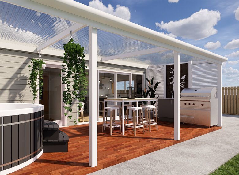 An artist 's impression of a backyard with a hot tub and a grill.