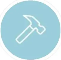 A line drawing of a hammer in a blue circle.
