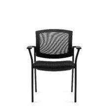 A black chair with a mesh back and arm rests on a white background.