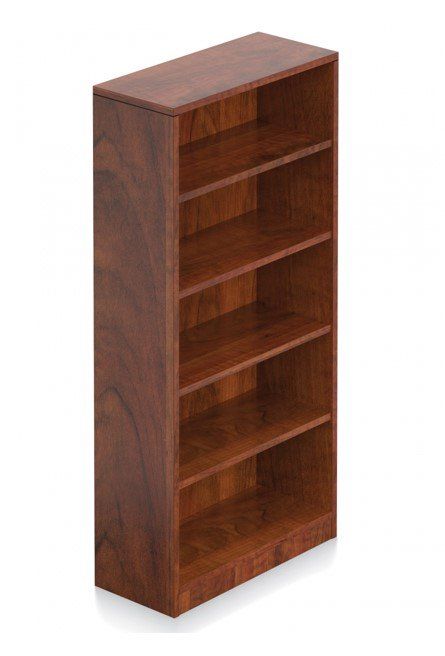 A wooden bookcase with five shelves on a white background