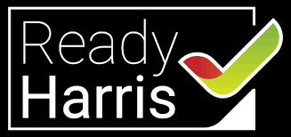A logo for ready harris with a check mark on a black background.