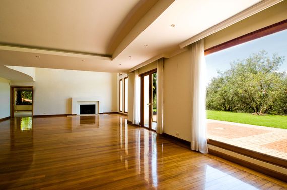 Empty sunlit room with hardwood floors, fireplace, and large windows overlooking a green lawn.