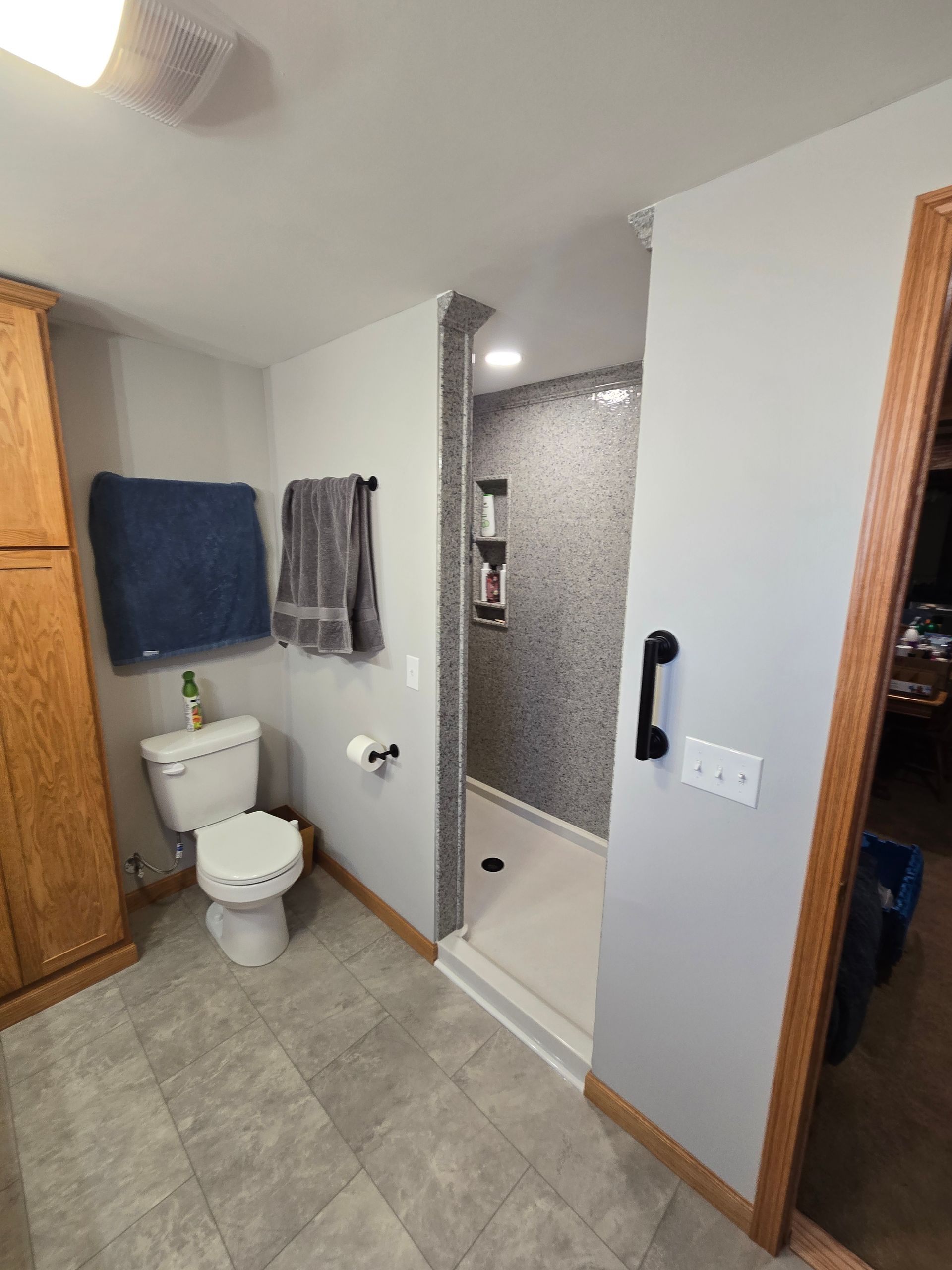 A bathroom featuring a toilet, light gray walls, a tall wooden cabinet, and a walk-in shower with tiled, mosaic walls.